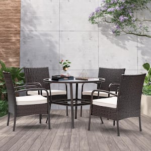 Brown 5-Pieces Synthetic Wicker Patio Dining Set with Beige Cushions and 40 in. Outdoor Dining Table