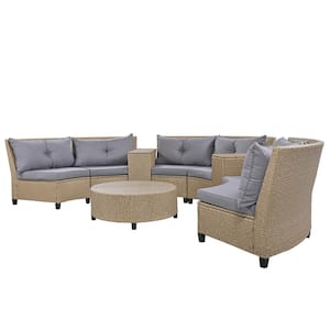 9-Piece Fan-shaped Wicker Outdoor Sofa Sectional with Gray Cushions and Table