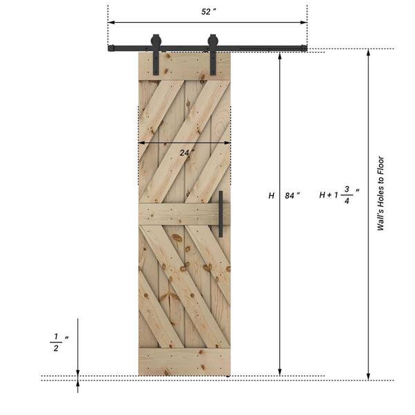 Dessliy Triple KL Series 24 in. x 84 in. Fully Set Up Unfinished Pine Wood Sliding Barn Door With Hardware Kit