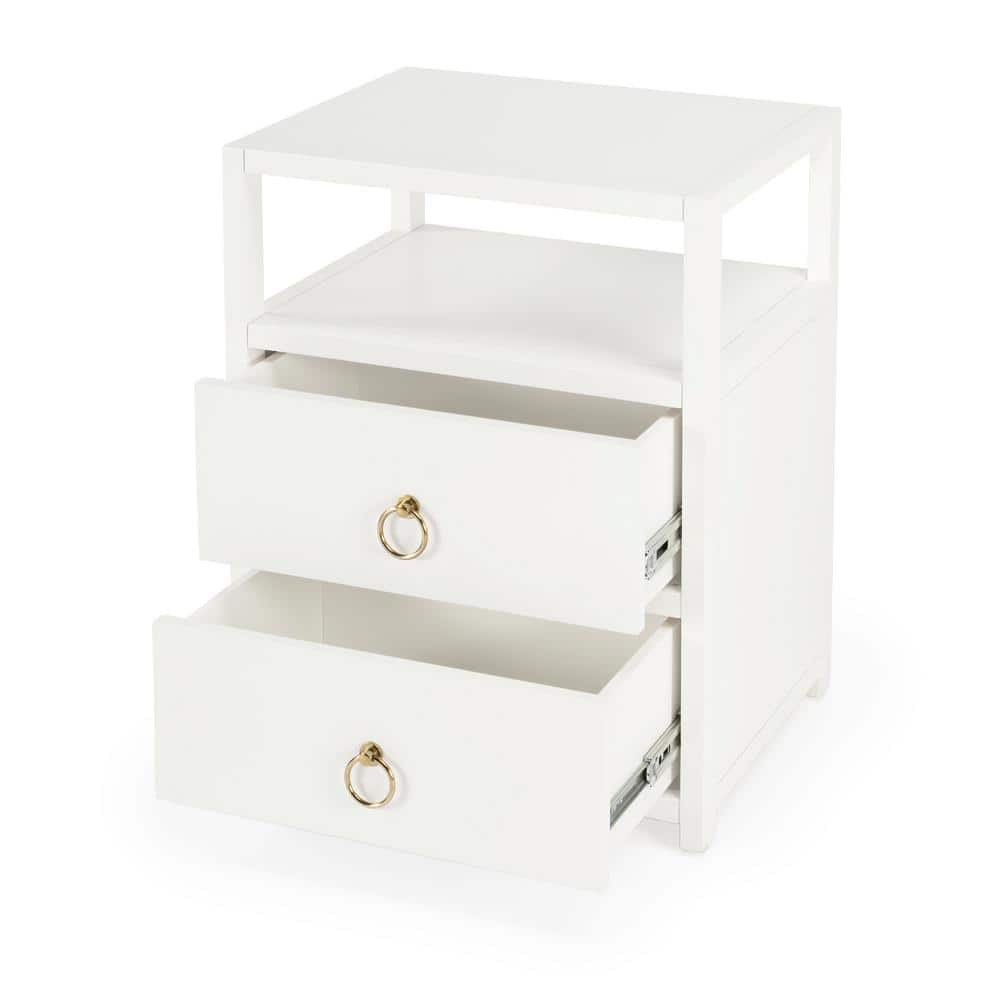 Luxe Minimalist White Acacia 2-Drawer Nightstand with Open Shelf