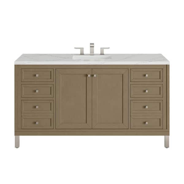 Chicago 60.0 in. Single Bath Vanity in Walnut Whisper with Wireless Charging Ethereal Noctis Quartz Top