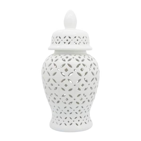 24 in. White Stoneware Cut-out Daisies Temple Jar