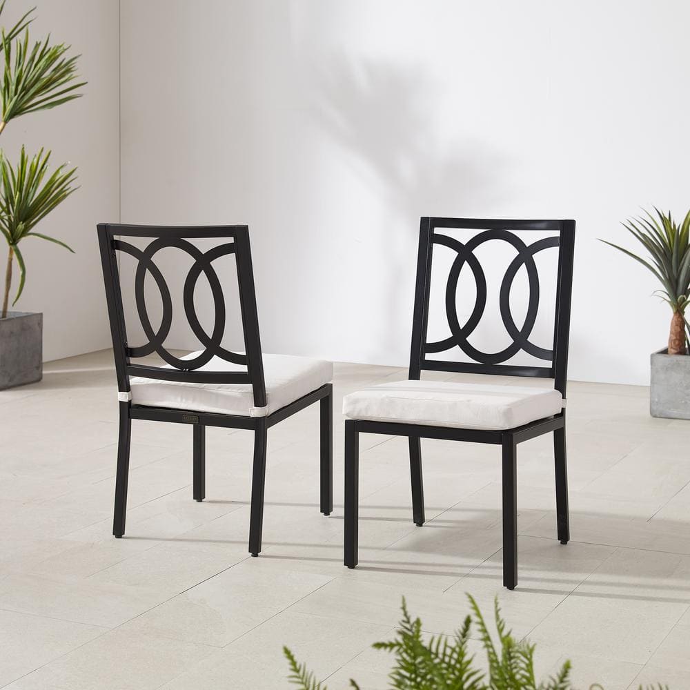 Black Steel Armless Dining Chairs with Cream Cushions, Set of 2