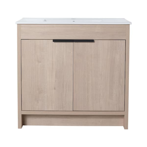 Boosicavelly 35.04 in. W x 17.91 in. D x 33.46 in. H Single Sink Freestanding Bath Vanity in Plain Light Oak with White Ceramic Top