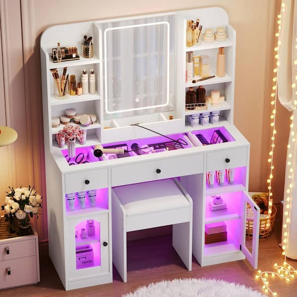 2-Piece White Makeup Vanity Set with Stool, LED Mirror, Glass Top, RGB Glass Light Cabinets, Charging Station