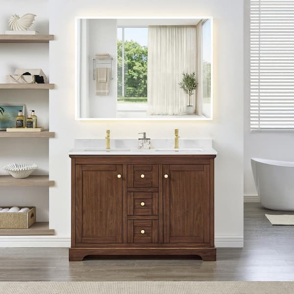 Avery 48 in. Double Freestanding Dark Walnut with Brushed Gold Trim Bath Vanity with Carrara Cultured Marble Top