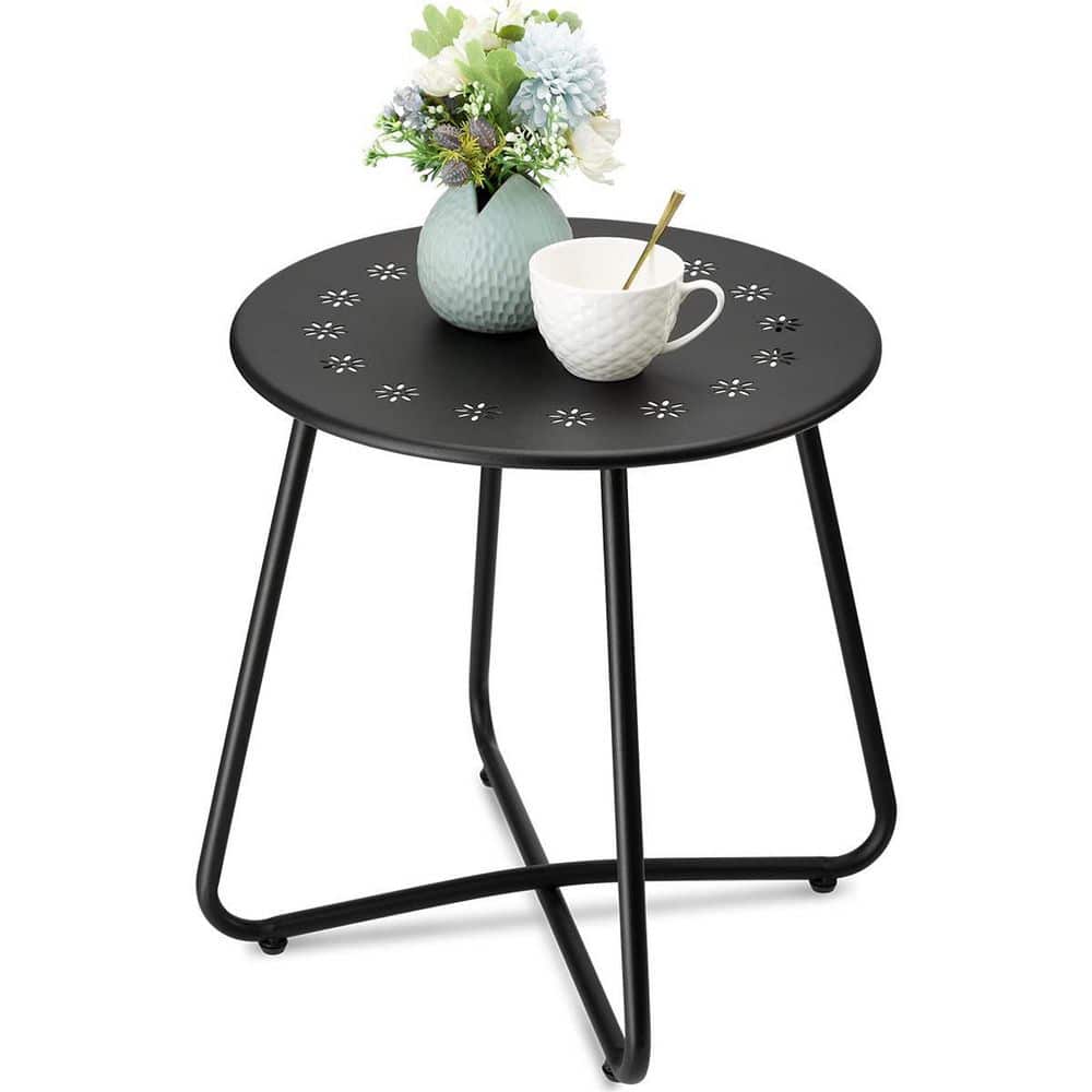 Dyiom Black Round Weather Resistant Steel Patio Side Table with Flower ...
