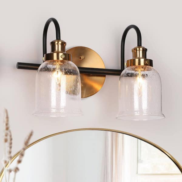13 in. 2-Light Seeded Glass Bathroom Vanity Light, Modern Brass Plated and Matte Black Bath Light, Linear Light Fixture