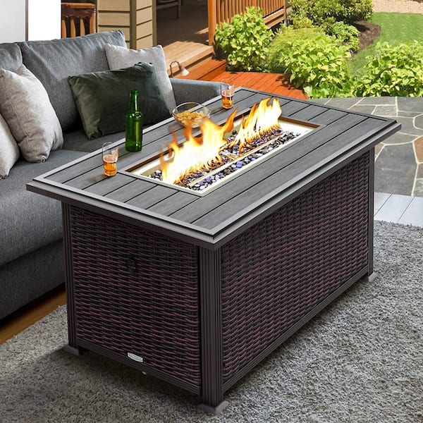 SANSTAR Modern Fire Pit Table with Aluminum Lid - 50,000 BTU Heat Output, Shining Blue Glass Beads