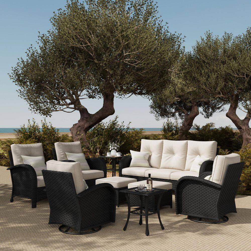 9-Piece Wicker Swivel Outdoor Rocking Chairs Patio Conversation Set with Beige Cushion price history on PriceWatchPro