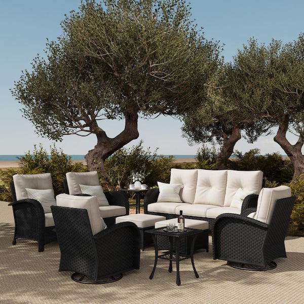 LayinSun 9-Piece Wicker Swivel Outdoor Rocking Chairs Patio Conversation Set with Beige Cushion