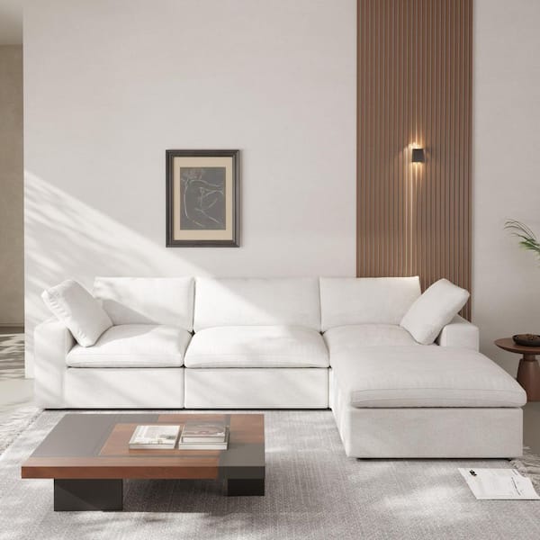 J&E Home 82.66 in. W Square Arm Linen 2-Seater Oversized Modular Free Combination Sofa in White with Ottoman