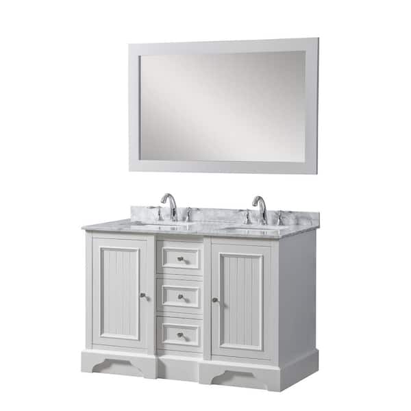 Direct vanity sink Kingwood 48 in. W x 23 in. D x 32.5 in. H Double Sink Bath Vanity in White with White Carrara Marble Top and Mirror