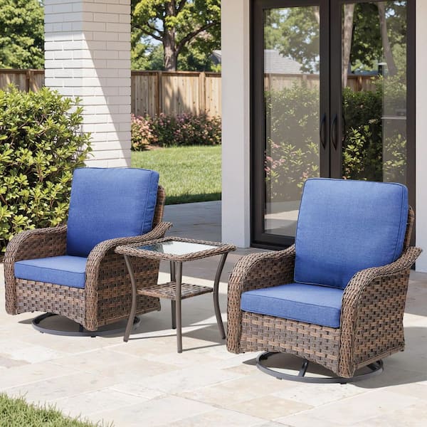Rainf 3-Piece Brown Wicker Outdoor Rocking Chair Set Patio Swivel Glider Lounge Chairs with Blue Cushions and Side Table