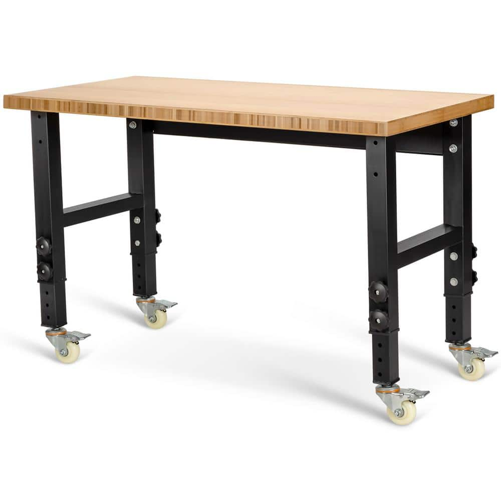 Costway 48 in. x 24 in. Adjustable Height Workbench Mobile Tool Bench Bamboo Top with Caster Nature