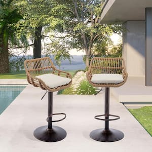 43 in. Anti-Bronze Metal Frame Adjustable Outdoor Bar Stool with Beige Rattan Removable Cushioned Seat (Set of 2)