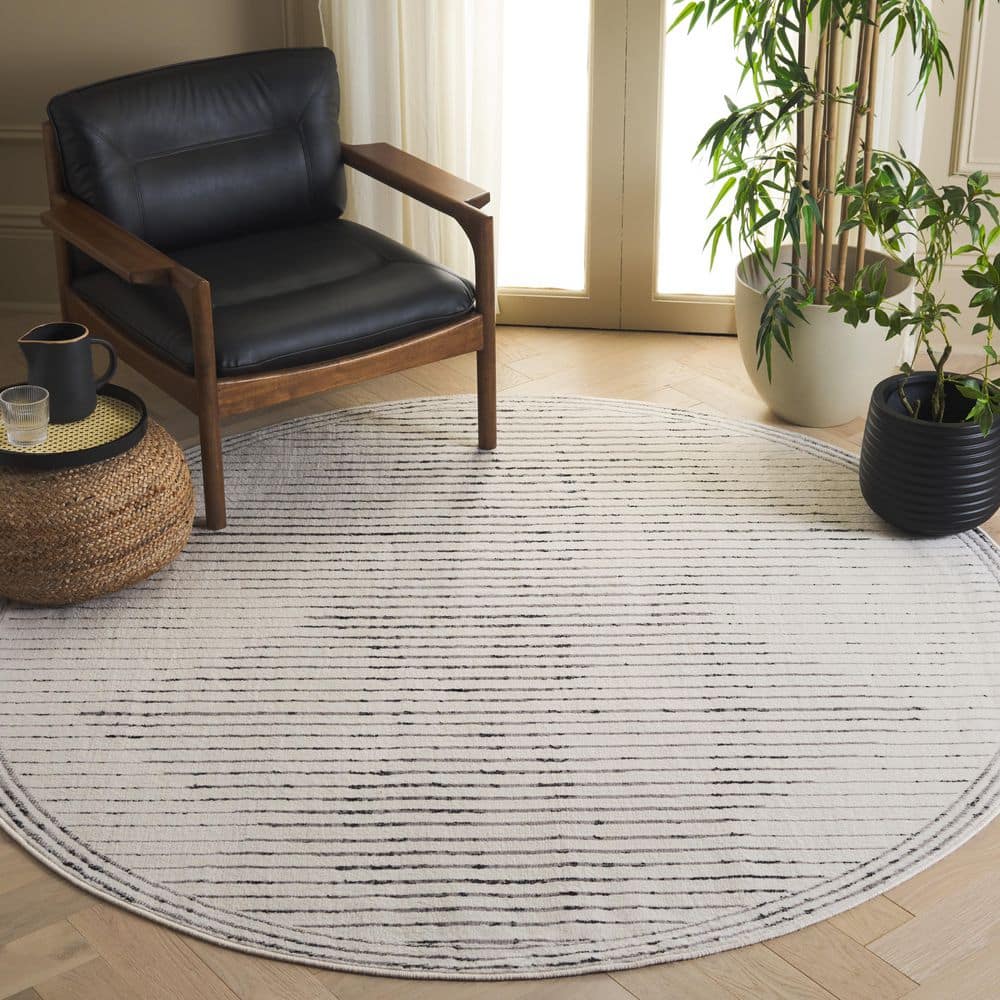 SAFAVIEH Temple 7 ft. x 7 ft. Round Ivory/Gray Distressed Striped Area ...
