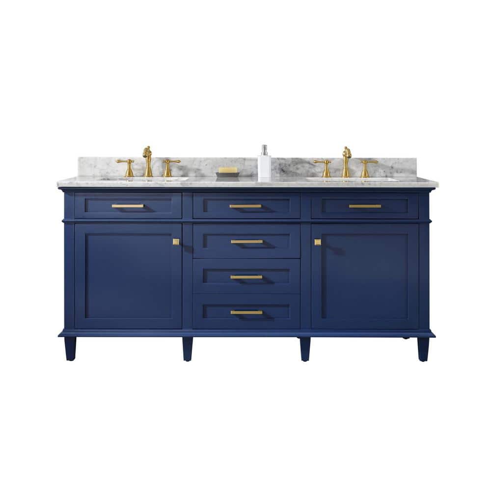 Solid Wood 72in. Freestanding Blue Bath Vanity with White Marble Top Assemb
