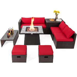 35 in. 9-Piece Wicker Patio Fire Pit Set Space-Saving Sectional Sofa Set with Storage Box and Red Cushions