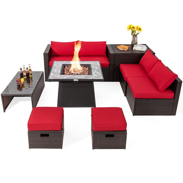 HONEY JOY 35 in. 9-Piece Wicker Patio Fire Pit Set Space-Saving Sectional Sofa Set with Storage Box and Red Cushions