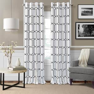 Kaiden Black Geometric Poly-Linen 52(in)X84(in) Grommet Top Blackout Curtain Panel