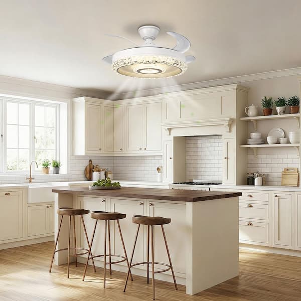 42 in. 38-Watt 3-Blade Standard Flush Mount Ceiling Fans with Clear Blades and Stepless Dimming, 120-Volt, White Finish