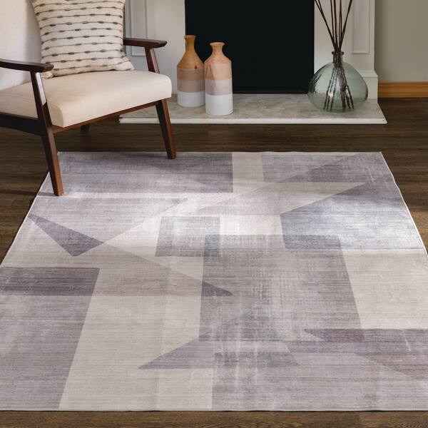 5 ft. x 7 ft. Gray/Off White Abstract Block Washable Area Rug