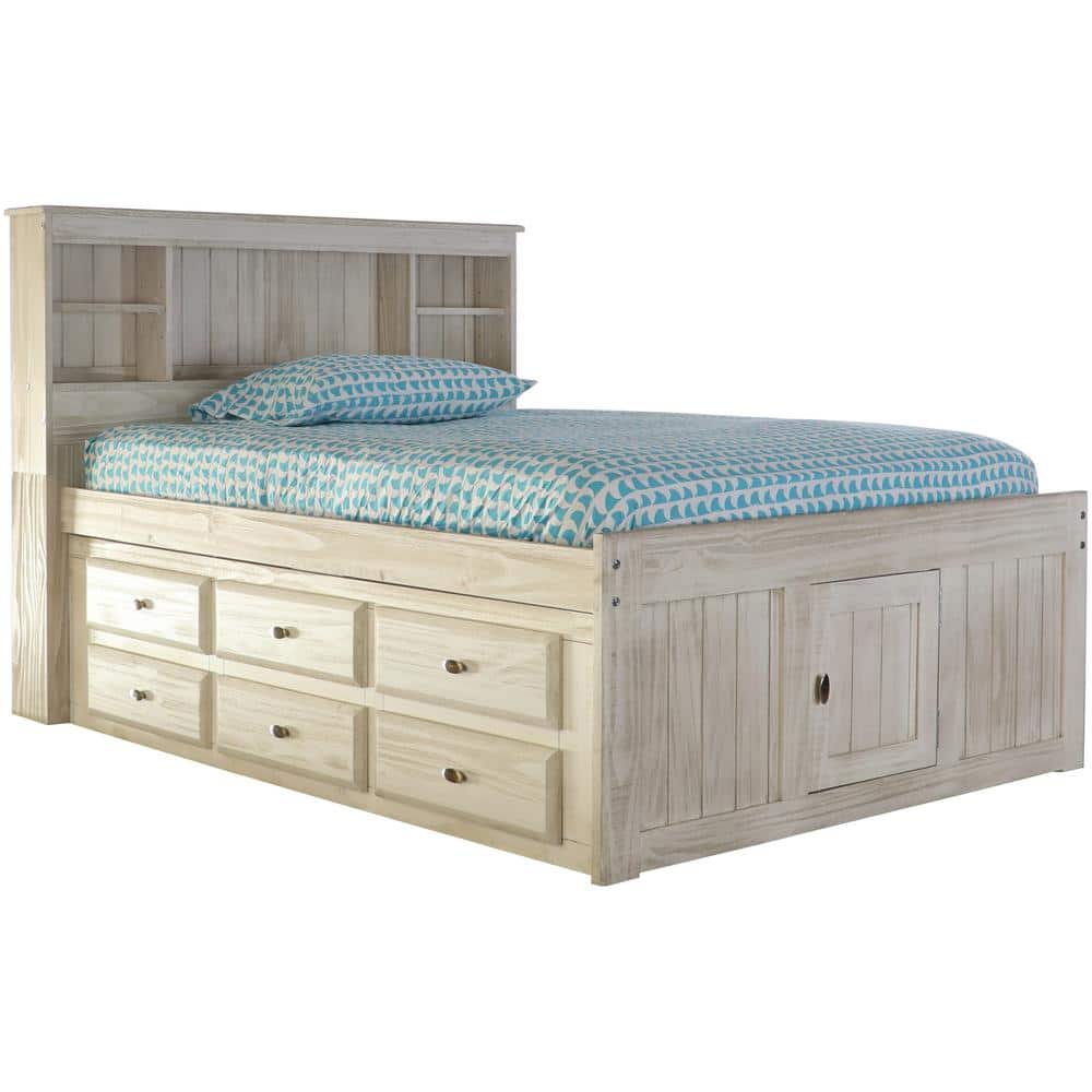 Light Ash Full Size Solid Pine Captain's Bed with Bookcase and Storage Drawers