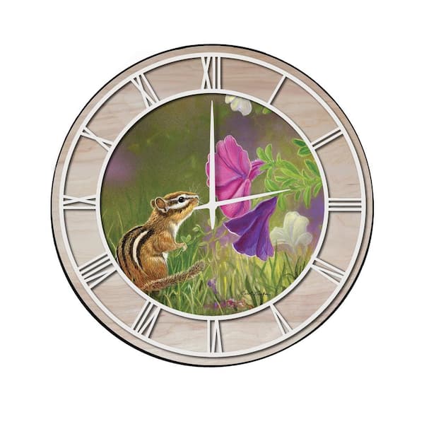 Unbranded "Chipmunk in the Garden" Woodgrain Accent and White Numbers Imaged Wall Clock