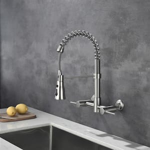 Double Handle Wall Mount Pull Down Sprayer Kitchen Faucet in Brushed Nickel