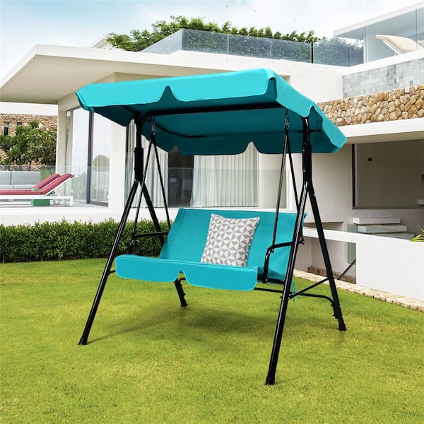 2-Person Metal Patio Swing with Blue Polyester Cushions