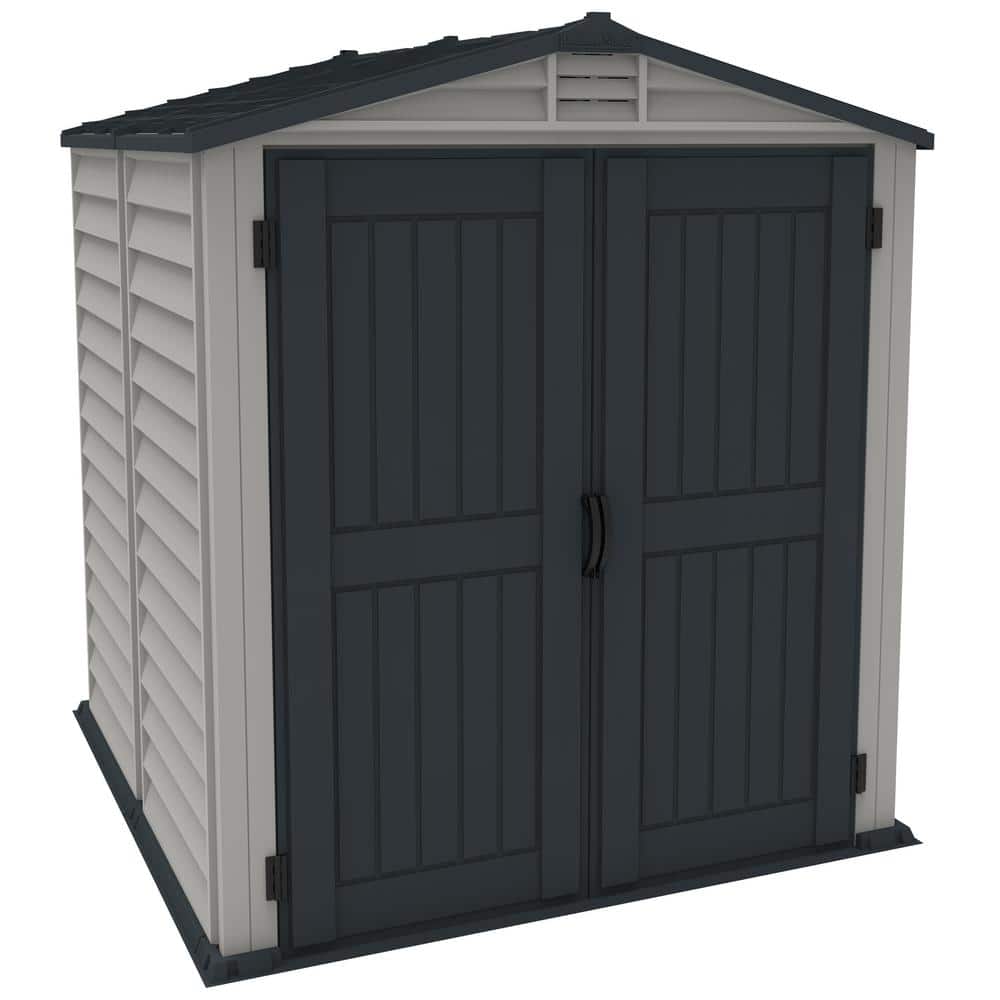Gray Vinyl Resin Storage Shed with Shelving and Windows