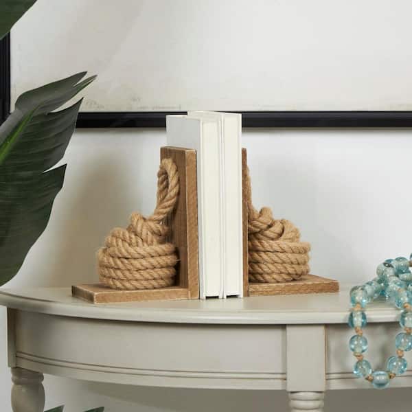 Litton Lane Brown Wood Rope Knot Bookends with Distressed L-Shaped Stands (Set of 2)
