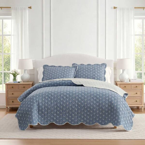 Kingston Reversible 3-Piece Blue Cotton Percale Full/Queen Quilt Set