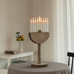 Beige Nine Branch Vintage Handmade Wooden Hanukkah Candle Holder for Home, Synagogue and Shul