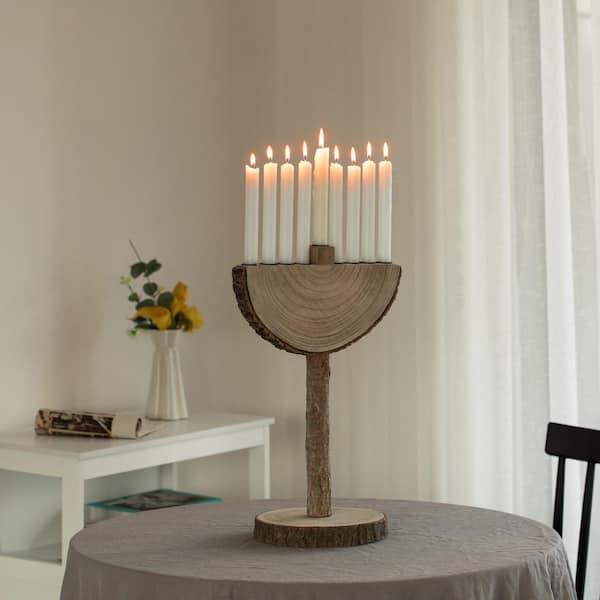 Vintiquewise Beige Nine Branch Vintage Handmade Wooden Hanukkah Candle Holder for Home, Synagogue and Shul