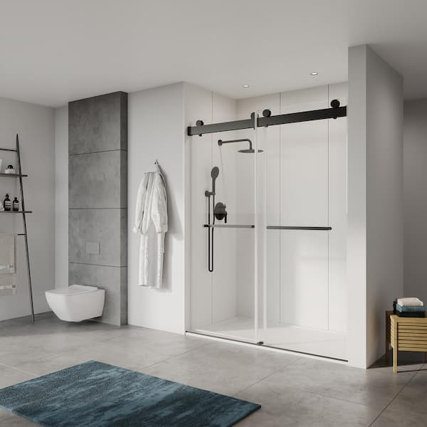 56 in. to 60 in. W x 76 in. H Sliding Frameless Shower Door in Matte Black Finish with Tempered Glass