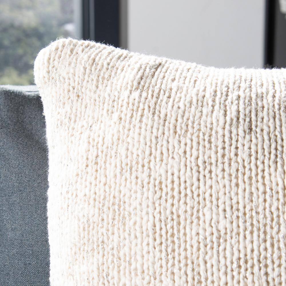 Ralen 20" Beige and Silver Cotton Knit Throw Pillow