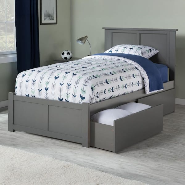 Madison Grey Twin Solid Wood Storage Platform Bed with Flat Panel Foot Board and 2 Bed Drawers