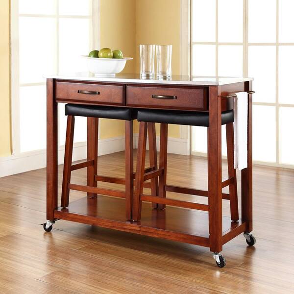 Crosley Furniture Cherry Kitchen Cart With Stainless Top And Stools Kf300524ch Crosley Furniture Cherry Kitchen Cart, Rolling Kitchen Island Cart With Seating