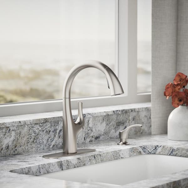 Avi 13.5 in. Single Handle Pull Out Sprayer Kitchen Faucet with 180° Spout Swivel in Lacquer Vibrant Stainless