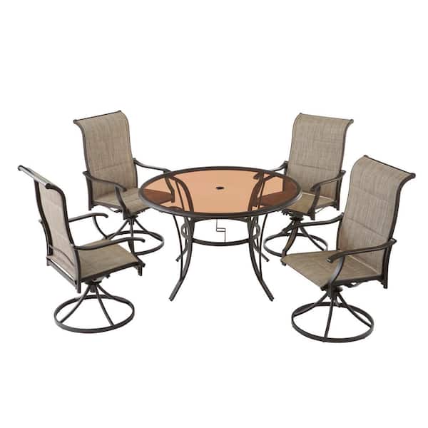 Hampton Bay Riverbrook Espresso Brown 5 Piece Outdoor Patio Aluminum Round Glass Top Dining Set With Padded Sling Swivel Chairs Rvb 020 - Best Patio Swivel Rocker
