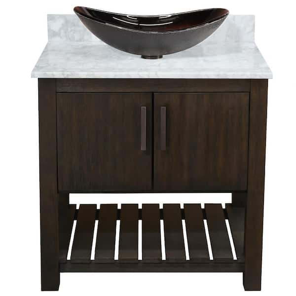 Novatto Ocean Breeze 31 in. x 22 in. W x 31 in. H 1-Black/Silver Sink ORB Bath Vanity in Cafe Mocha w/ Carrara White Marble Top