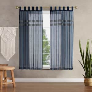 Milly Bling 38 in. W x 63 in. L Faux Linen Sheer Tab Top Tiebacks Curtain in Indigo Blue (2-Panels and 2-Tiebacks)