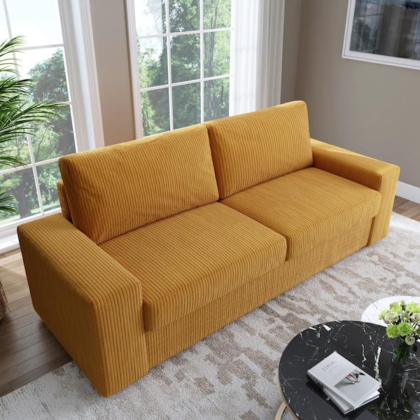 79.8 in. Orange Corduroy Fabric Upholstered Square Arm 2-Seater Loveseat Sofa with Wood Legs