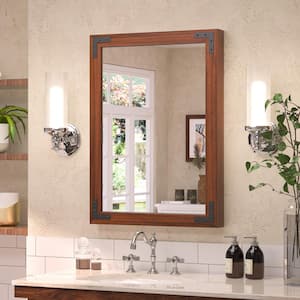 22 in. W x 30 in. H Rectangular Rustic Wood Framed Farmhouse Wall Bathroom Vanity Mirror in Brown