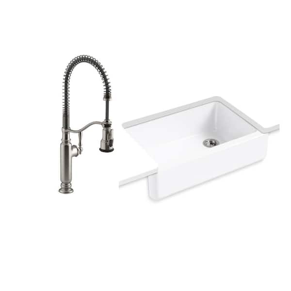 KOHLER Whitehaven Undermount Cast Iron 33 in. Single Bowl Kitchen Sink in White with Tournant Faucet in Stainless Steel