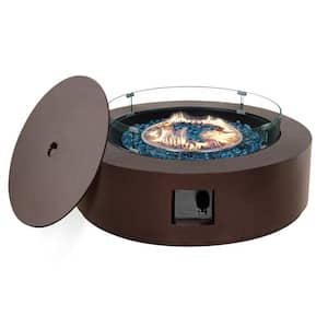 42 in. 50.000 BTU Iron Propane Outdoor Fire Pit Table with Tank Table and Glass Wind Guard