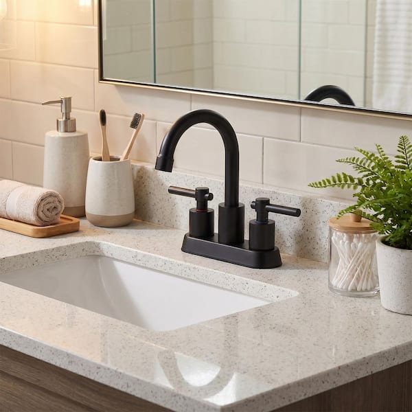 Modern 4 in. Centerset 2-Handle Bathroom Sink Faucet with Pop-up Drain and Supply Lines in Matte Black