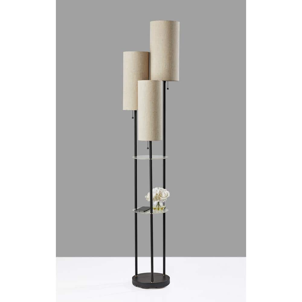 Elegant Trio Shelf 68" Black and Antique Brass Floor Lamp with Storage